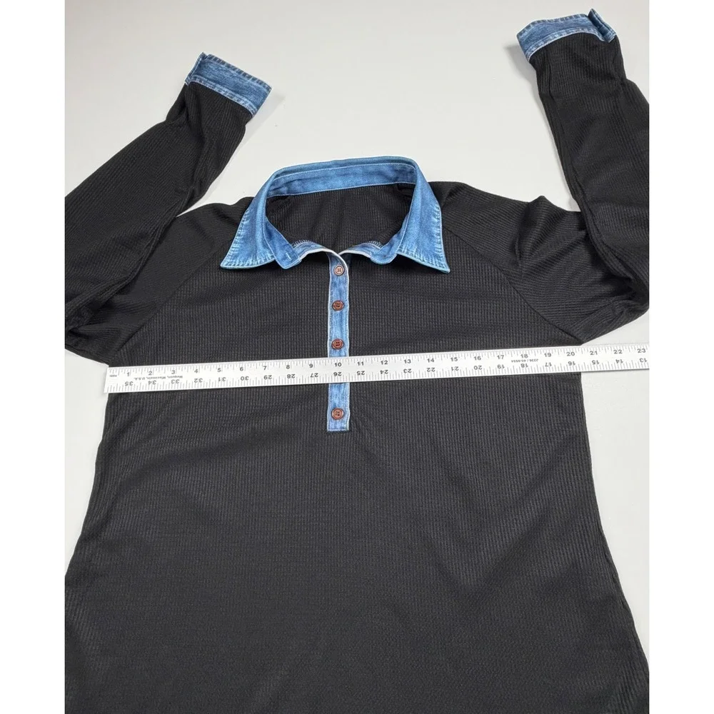 Unbranded Henley Top Women L Black Ribbed Denim Collar Long Sleeve Mixed Media